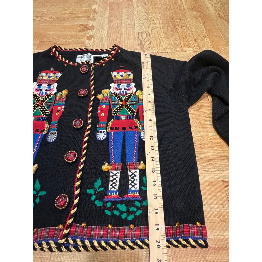 Michael Simon Vintage Nutcracker Christmas Cardigan Sweater Black Plaid Large - Picture 5 of 7